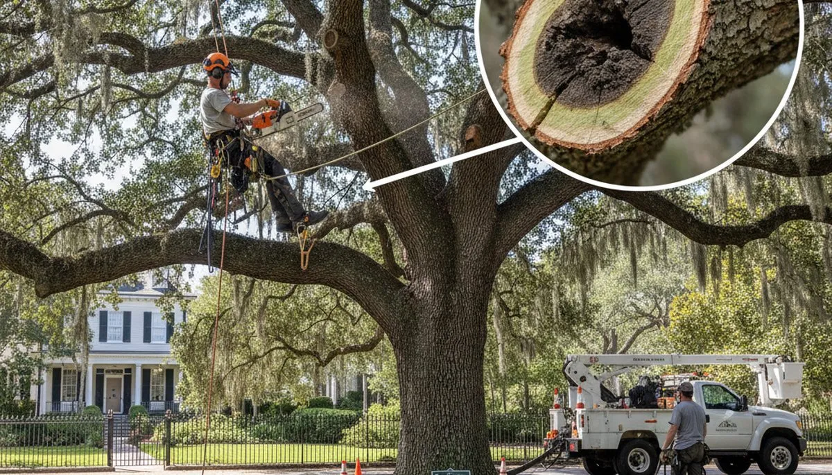Arborist removing deadwood from mature tree in Charleston SC using safe tree trimming techniques
