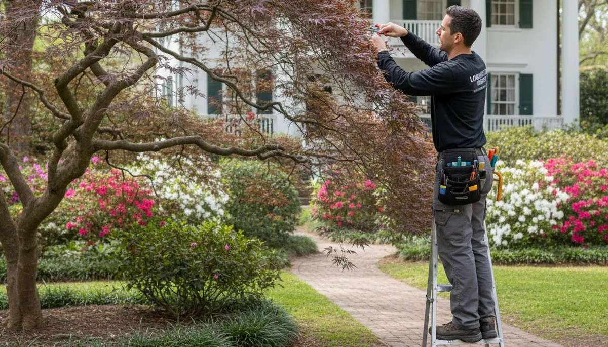 Arborist hand pruning ornamental Japanese maple for aesthetic tree care in Charleston SC yard