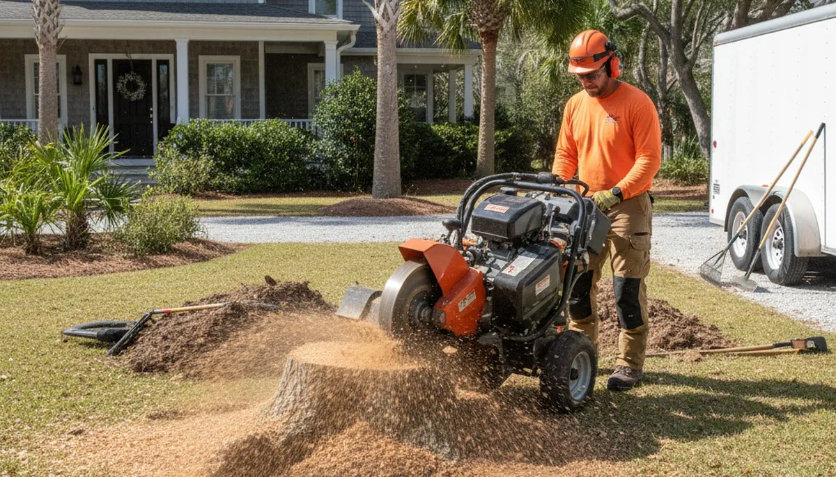 Professional stump grinding removing tree stumps in Sullivans Island, Charleston SC yard