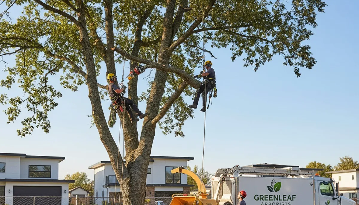 Arborists performing safe tree removal in Charleston, SC for storm-damaged oak near residential property