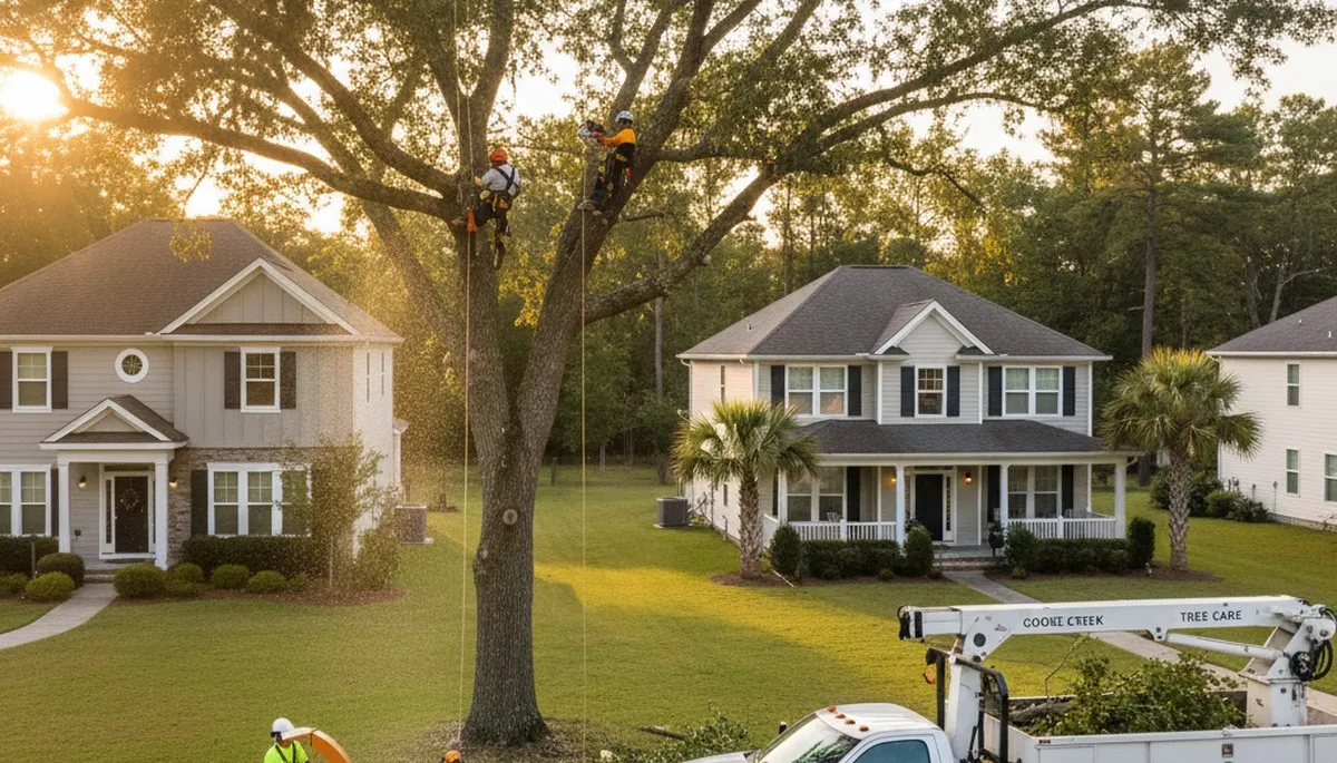 Professional tree removal service in Charleston SC safely cutting large oak tree