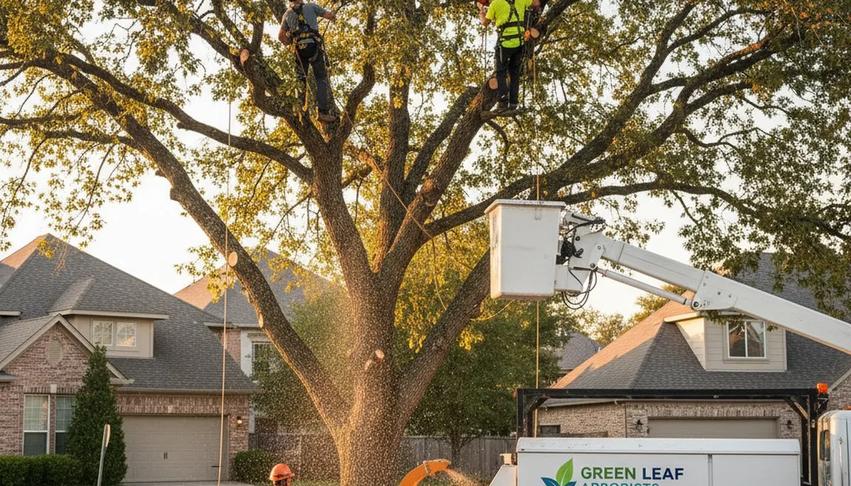 Professional arborists trimming oak tree in Charleston, SC for safe, healthy landscape maintenance
